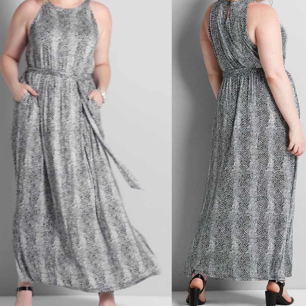 Lane Bryant NWT Maxi Dress Size 26/28 Animal Print Sleeveless Halter Belt Black